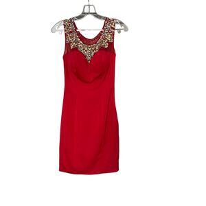 Hannah S Embellished Rhinestone Party Cocktail Mini Bodycon Dress Size 0 Red
